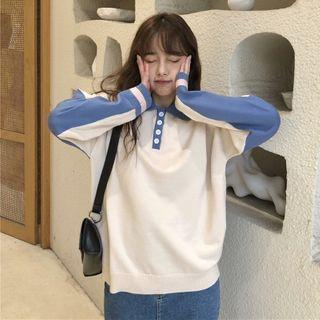 Contrast Trim Collared Sweater Blue & White - One Size