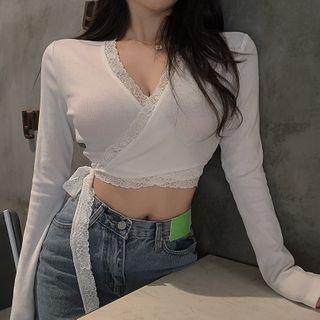 Lace Trim Long-sleeve Wrap Top