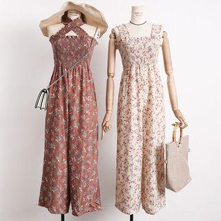 Wide-leg Ruffled-trim Floral Jumper Pants