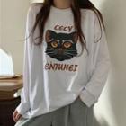 Cat Print Long-sleeve T-shirt White - One Size
