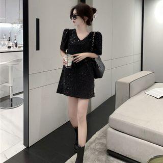 Sequined Puff-sleeve V-neck Mini Dress