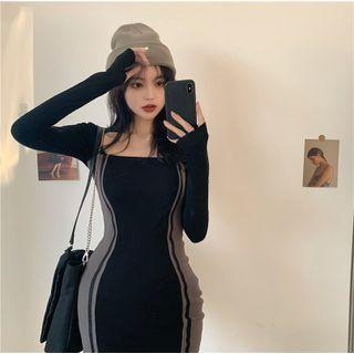 Long-sleeve Striped Mini Sheath Dress Black - One Size
