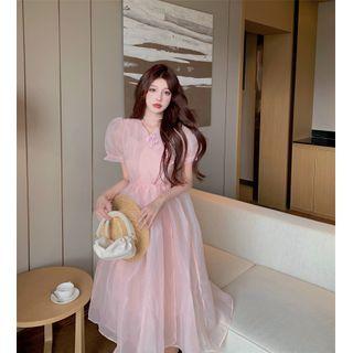 Puff-sleeve Mesh Midi A-line Dress Pink - One Size