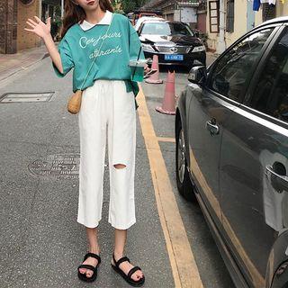 Lettering Elbow-sleeve Polo Shirt / Distressed Cropped Pants