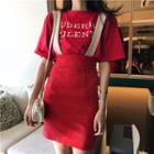 Elbow-sleeve Letter T-shirt / Suspender Mini Skirt