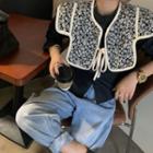 Stand-collar Long-sleeve Blouse / Floral Tie-front Shawl