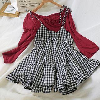 Set: Plain Long-sleeve T-shirt + Checked Playsuit T-shirt - Wine Red - One Size / Playsuit - Check - Black & White - One Size