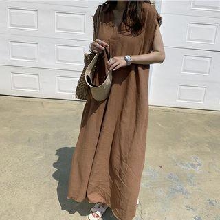 Sleeveless Distressed Midi Smock Dress