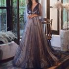 Mesh-sleeve Floral Embroidered Sequined A-line Evening Gown