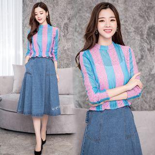 Mock-neck Striped Long-sleeve Lace Top