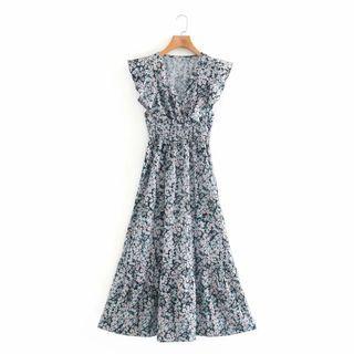 Sleeveless V-neck Ruffle Trim Dress