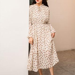 Leaf Print A-line Midi Chiffon Dress