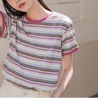 Short-sleeve Striped T-shirt Purple - One Size
