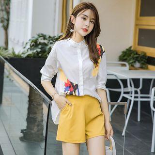 Set: Elbow-sleeve Printed Blouse + Shorts