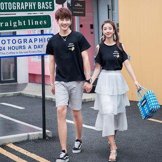 Couple Matching Print Short-sleeve T-shirt / Shorts / Set: Short-sleeve T-shirt + Midi Tiered Skirt