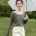 Long-sleeve Button T-shirt Green - One Size