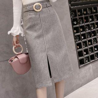 Striped Front Slit A-line Skirt