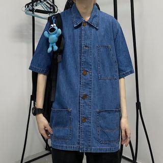 Pocket Elbow-sleeve Denim Shirt