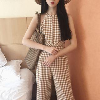 Check Halter Wide-leg Jumpsuit