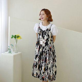 Set: Puff-sleeve T-shirt + Spaghetti-strap Printed Dress