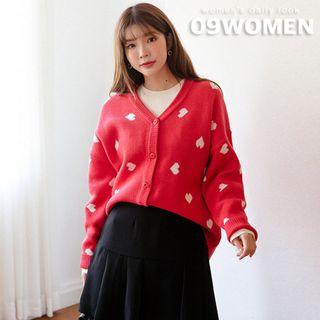 V-neck Heart-patterned Boxy Cardigan