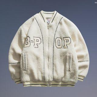 Lettering Fleece Zip Baseball Jacket