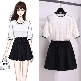 Elbow-sleeve Contrast Trim Top / Wide-leg Shorts / Set