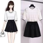 Elbow-sleeve Contrast Trim Top / Wide-leg Shorts / Set