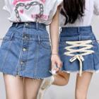 High-waist Buttoned Back Tie-strap Denim A-line Skirt