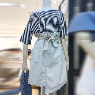 Set: Elbow-sleeve Striped Top + Asymmetric Hem A-line Skirt
