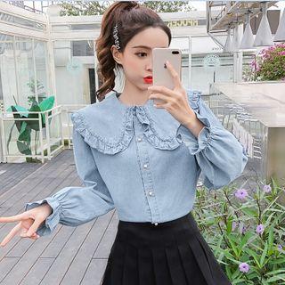 Ruffled Peter Pan Collar Denim Blouse