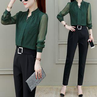 Set: Plain Blouse + Slim Fit Dress Pants