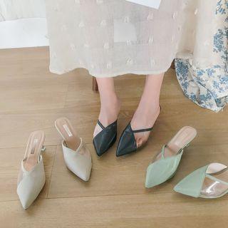Pointed Transparent Panel Kitten Heel Mules