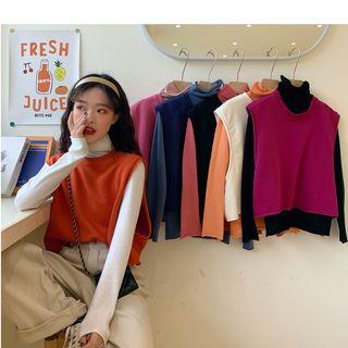 Turtleneck Long-sleeve Knit Top / Oversize Knit Vest
