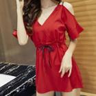 Cold-shoulder Tie-waist Mini A-line Dress Wine Red - One Size