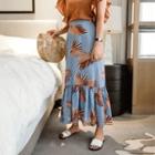 Band-waist Leaf Print Midi Skirt