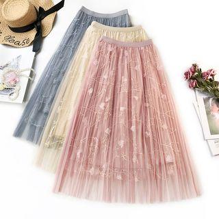 Flower Detail Mesh Midi A-line Skirt
