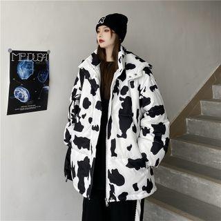 Milk Cow Print Hooded Padded Jacket Black - One Size