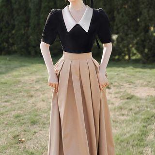Set: Contrast Collar Top + Midi A-line Skirt