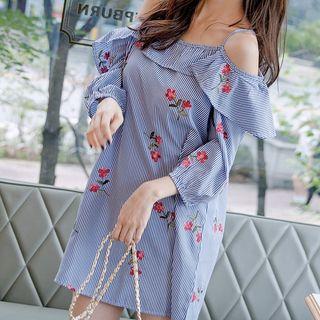 3/7 Sleeve Cutout-shoulder Pinstripe Dress