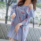 3/7 Sleeve Cutout-shoulder Pinstripe Dress