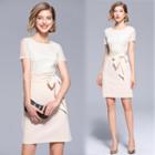 Short-sleeve Lace Panel Tie-waist Mini A-line Dress