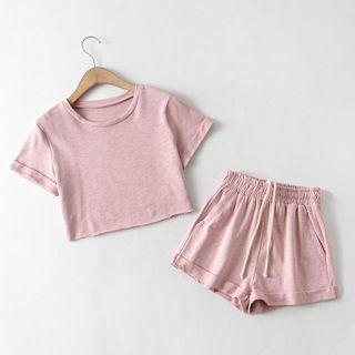 Set: Short-sleeve Cropped T-shirt + Drawstring-waist Shorts