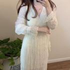 Long-sleeve Dotted Midi A-line Dress Almond - One Size