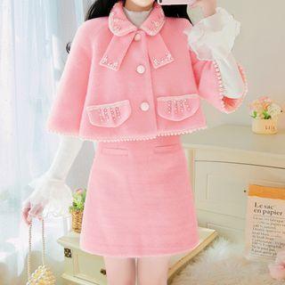 Set: Elbow-sleeve Faux Pearl Button Coat + Mini A-line Skirt