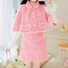Set: Elbow-sleeve Faux Pearl Button Coat + Mini A-line Skirt