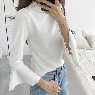 Plain Mock-neck Bell-sleeve Top