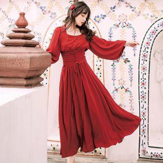 Lace Up Lantern-sleeve Midi A-line Dress