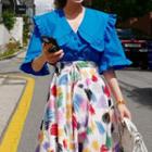 Ruffled Elbow-sleeve Blouse / Patterned Midi A-line Skirt