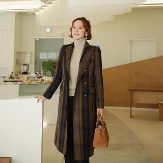Peak-lapel Woolen Plaid Coat